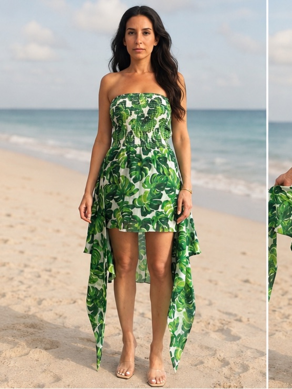 NWT Caroline Constas Nicola Midi Dress/Coverup in White Green Palm Leaf XS-S